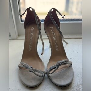 Stuart Weitzman Silver Suede Knot Ankle-Strap Heels